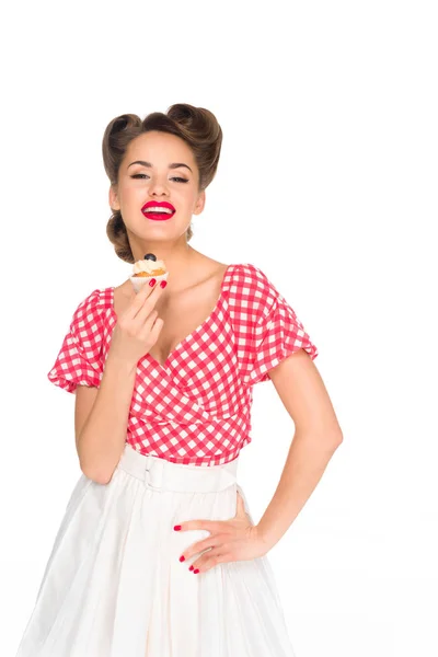 Mooie Lachende Vrouw Pin Kleding Met Cupcake Geïsoleerd Wit — Stockfoto