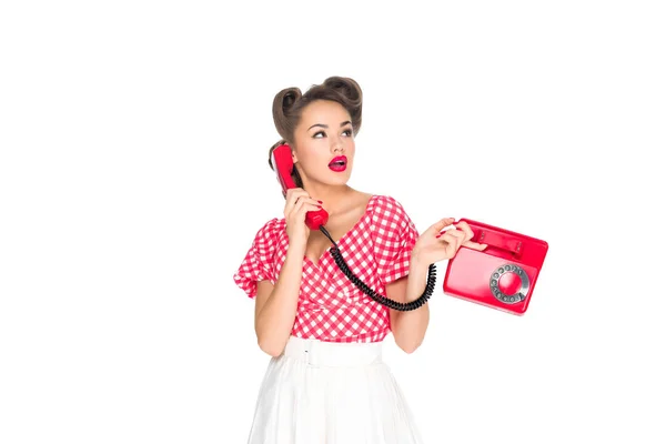 Retrato Pin Mujer Hablando Por Teléfono Viejo Aislado Blanco — Foto de Stock