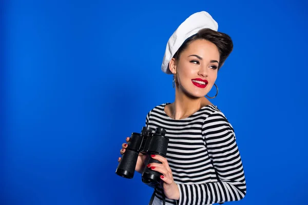 Portrait Smiling Young Woman Retro Clothing Binoculars Isolated Blue — Stock Photo, Image