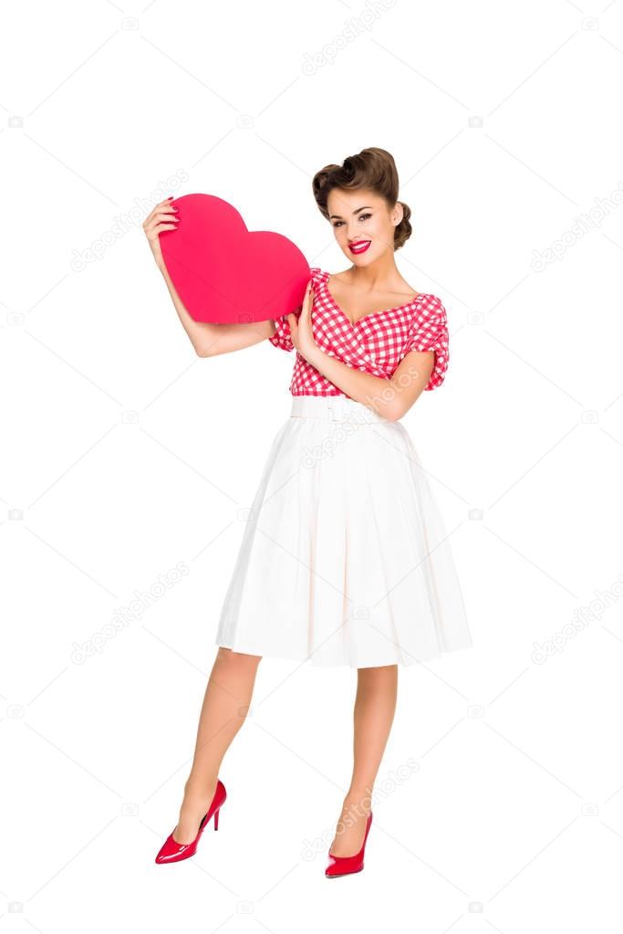 beautiful woman with red paper heart isolated on white