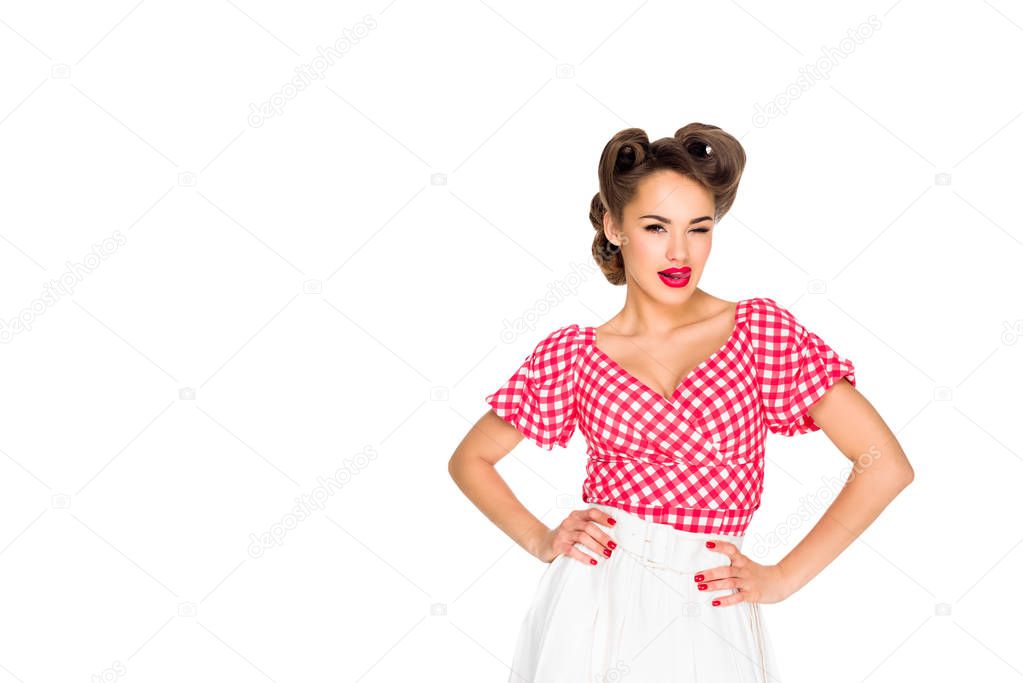 portrait of attractive young woman in retro clothing isolated on white