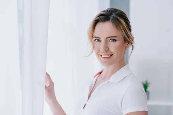 Attractive Adult Woman Standing Window — Stock Photo, Image