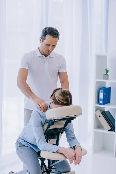 Handsome Masseur Doing Seated Massage Businesswoman — Stock Photo, Image