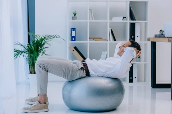 Mature Businessman Working Out Fit Ball Office — Stock Photo, Image