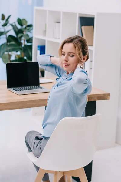 Attractive Businesswoman Doing Side Twist Workplace — Stock Photo, Image