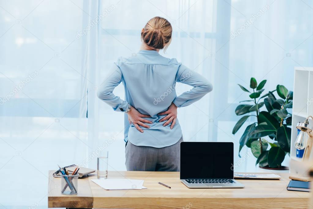 rear view of businesswoman with backplain in office