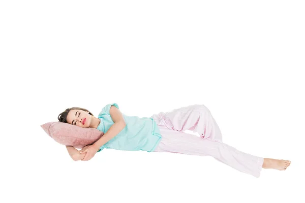 Junge Frau Pyjama Schlafend Auf Kissen Isoliert Auf Weiß — Stockfoto