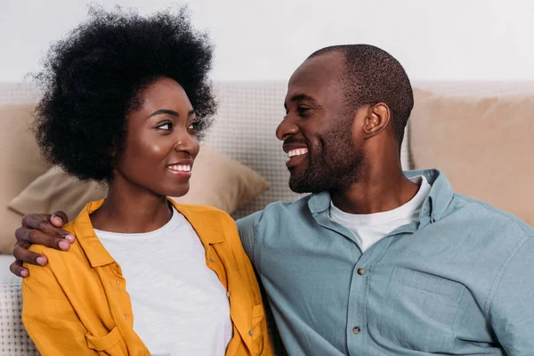 Laughing African American Couple Looking Each Other Home — Stock Photo, Image