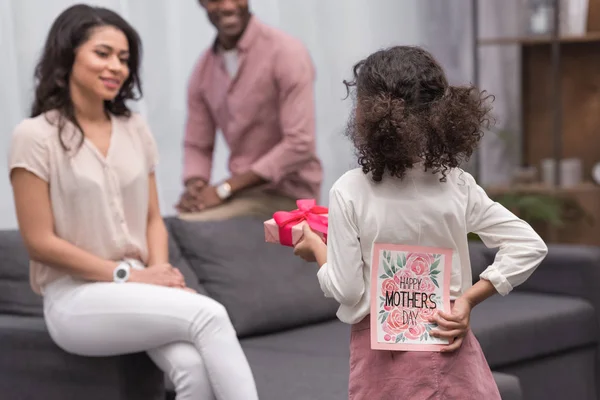 Rear View African American Daughter Presenting Gifts Mother Mothers Day — Stock Photo, Image