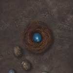 Top view of blue easter egg in nest with painted eggs near on concrete table