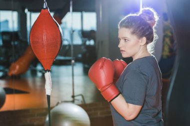 overweight woman having boxing training at gym  clipart