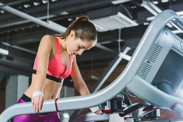 Tired Sportswoman Standing Treadmill Gym — Stock Photo, Image
