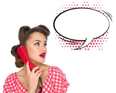 portrait of pin up woman talking on old telephone with empty speech bubble isolated on white clipart