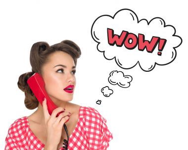 PIN çizgi roman tarzı wow işareti üzerinde beyaz izole ile eski telefonla konuşurken kız portresi