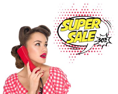 portrait of pin up woman talking on old telephone with comic style super sale speech bubble isolated on white clipart