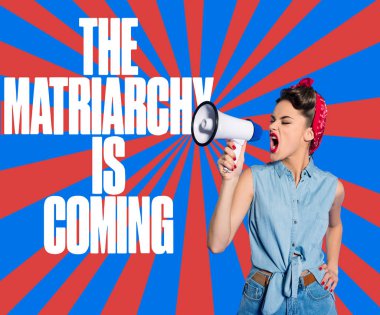 portrait of fashionable young woman in pin up style clothing with loudspeaker and matriarchy is coming lettering clipart