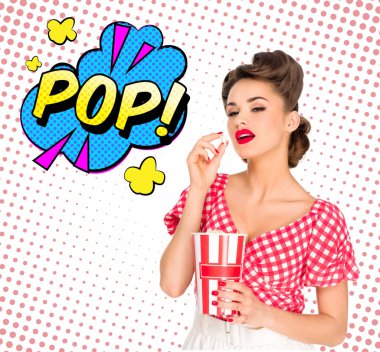 portrait of beautiful young woman with popcorn and comic style pop sign isolated on white clipart