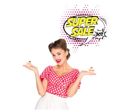 portrait of beautiful woman in pin up clothing with cupcakes and super sale speech bubble isolated on white clipart