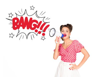 portrait of fashionable young woman in pin up style clothing with comic style boom explode out of loudspeaker isolated on white clipart
