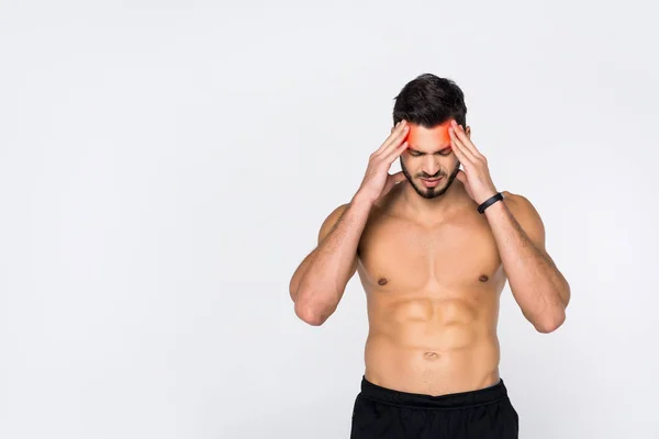 Shirtless Young Sportive Man Headache Isolated White — Stock Photo, Image