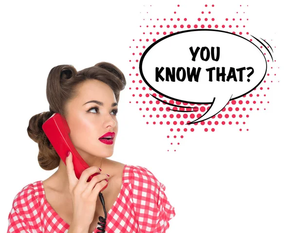 Portrait Pin Woman Talking Old Telephone Comic Style You Know — Stock Photo, Image