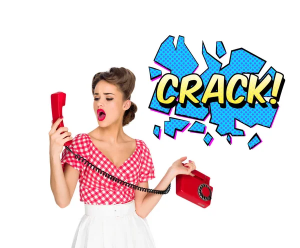 Ritratto Pin Donna Che Parla Vecchio Telefono Con Segno Crack — Foto Stock