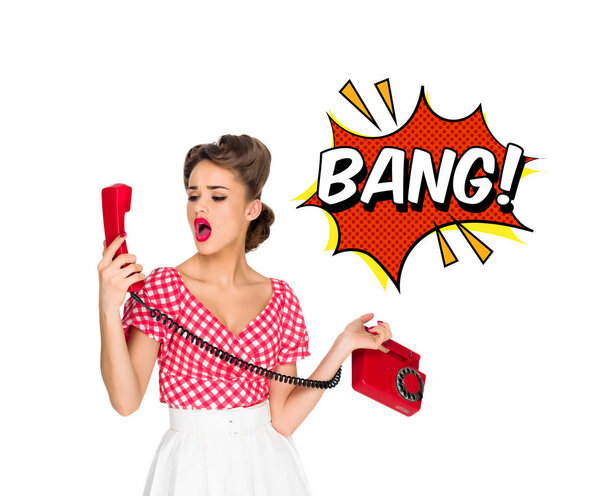 portrait of pin up woman talking on old telephone with comic style bang sign isolated on white