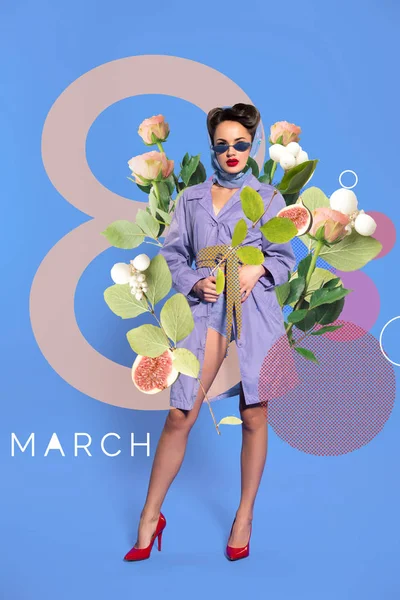 Μαρτίου Ευχετήρια Κάρτα Μοντέρνα Γυναίκα Στο Ρετρό Ρούχα Και Γυαλιά — Φωτογραφία Αρχείου
