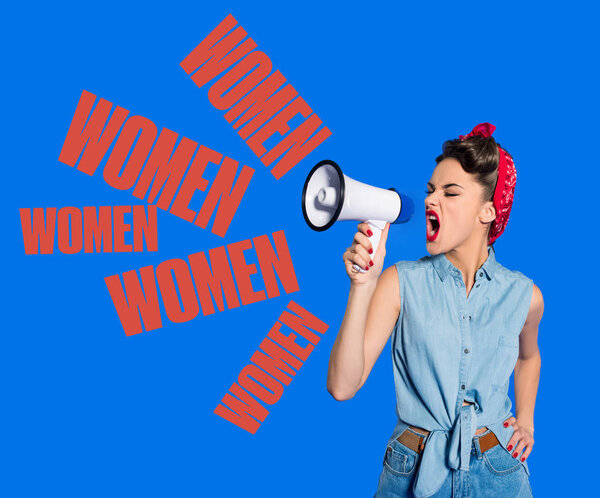 portrait of fashionable young woman in pin up style clothing with loudspeaker and women repeating signs
