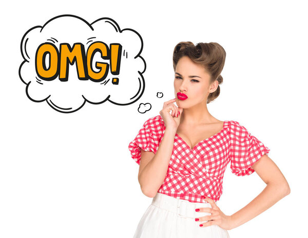 portrait of pensive young woman in retro style clothing and comic style omg sign isolated on white