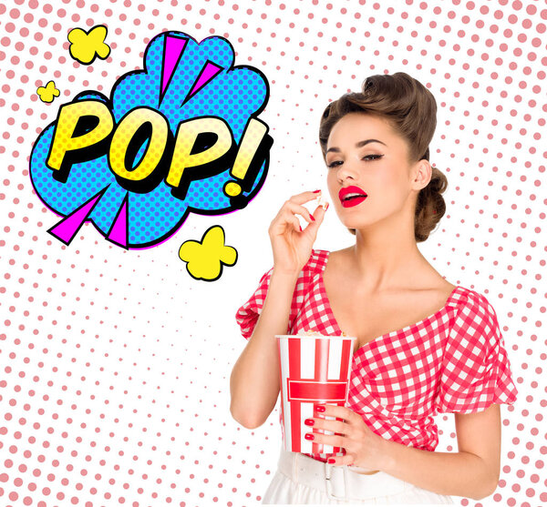 portrait of beautiful young woman with popcorn and comic style pop sign isolated on white