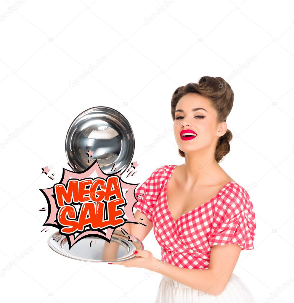 beautiful young woman in retro clothing with mega sale comic style sign on serving tray in hands isolated on white