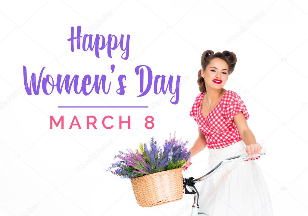 happy women`s day greeting card with beautiful pin up woman on bicycle with basket of flowers isolated on white