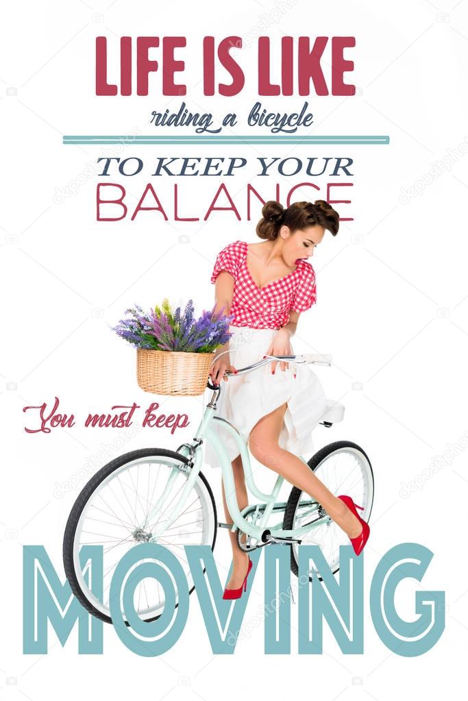 attractive pin up woman on retro bicycle with motivational quote isolated on white