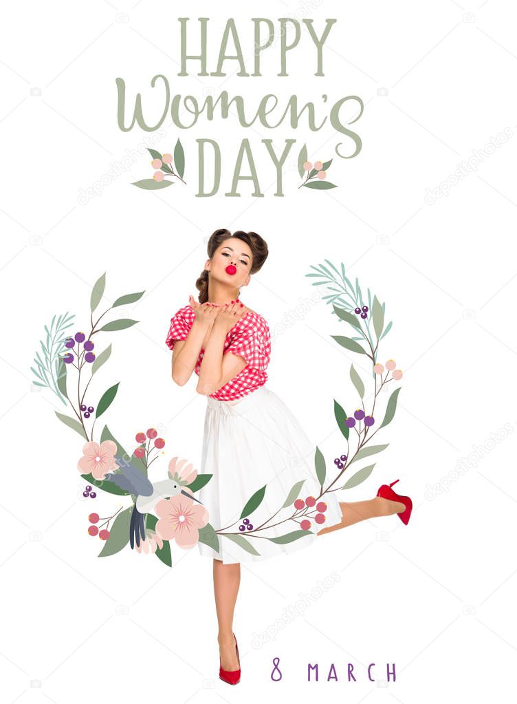 happy women`s day greeting card with young woman in retro style clothing blowing kiss isolated on white