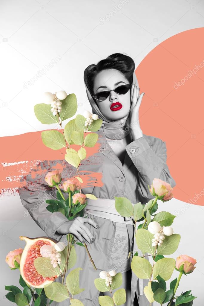 creative collage of stylish woman in retro clothing and sunglasses with flowers