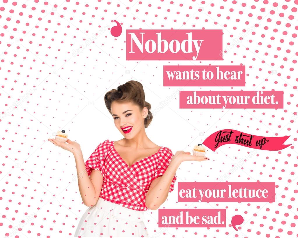 portrait of beautiful woman in pin up clothing with cupcakes and body positive quote