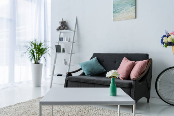 view of stylish living room with coffee table, green plant and sofa