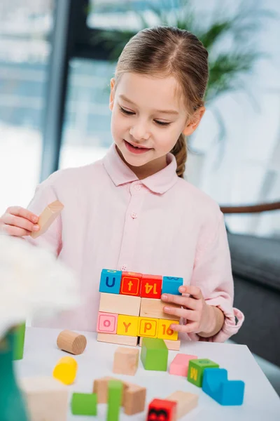 Portrait Cute Kid Playing Colorful Blocks Home — Stock Photo, Image