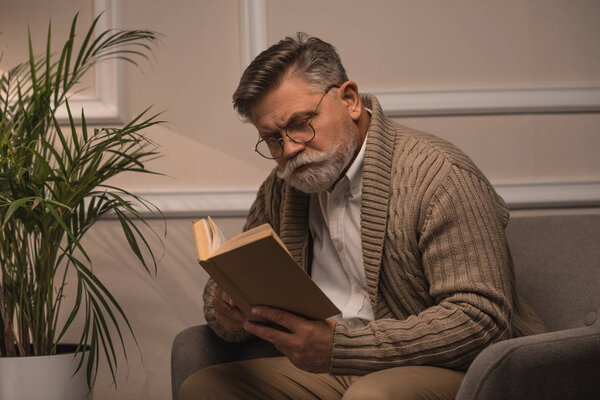 senior man reading book while sitting in comfy armchair