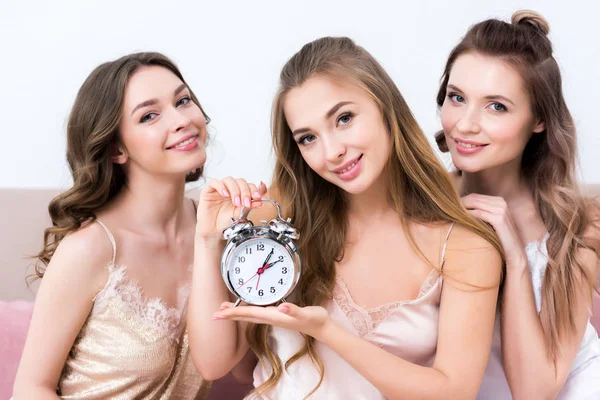 Beautiful Young Women Pajamas Holding Alarm Clock Smiling Camera — Stock Photo, Image