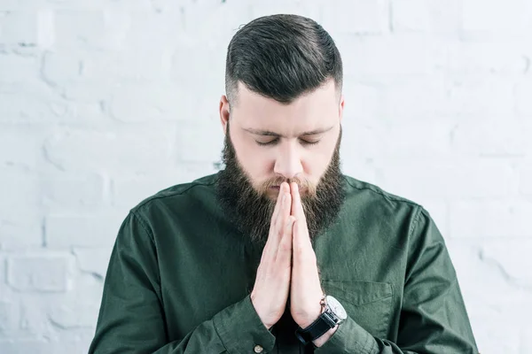 Portrait Stylish Bearded Man Praying White Brick Wall — Stock Photo, Image