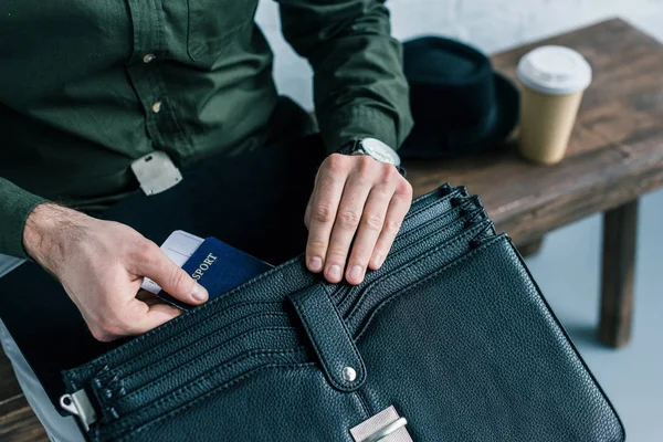 Cropped Shot Businessman Putting Passport Ticket Suitcase — Stock Photo, Image