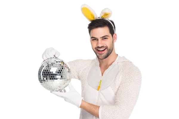 Smiling Man Rabbit Costume Holding Disco Ball Isolated White Easter — Stock Photo, Image