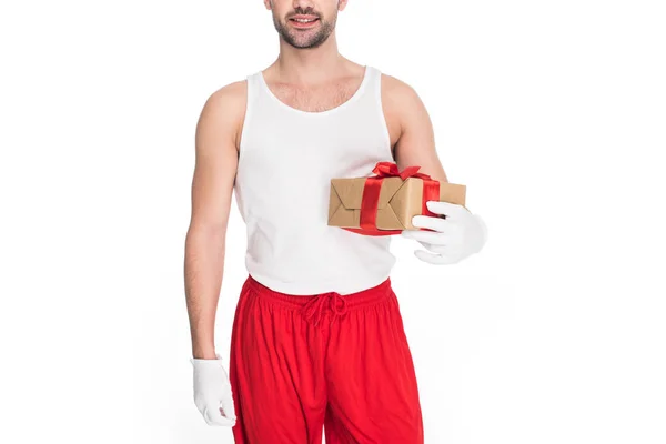 Young Man Holding Gift Box Hands Isolated White Easter Concept — Free Stock Photo