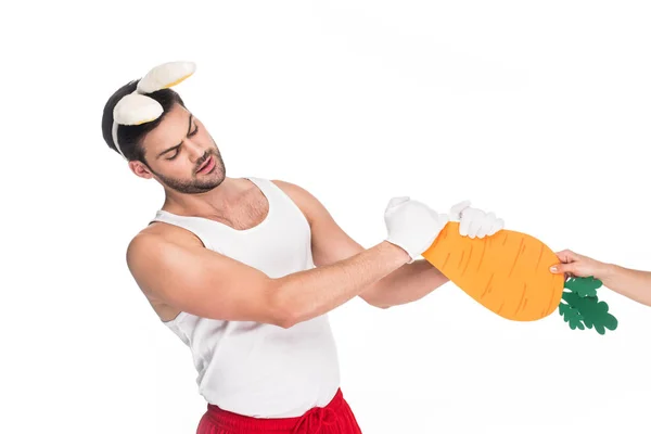 Man Bunny Ears Pulling Carrot Female Hand Isolated White Easter — Stock Photo, Image