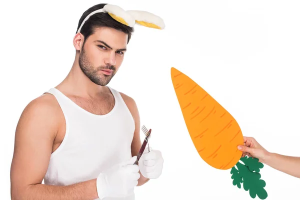 Man Bunny Ears Holding Cutlery While Female Hand Holding Carrot — Stock Photo, Image
