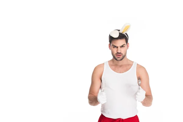 Young Man Bunny Ears Holding Fork Knife Isolated White Easter — Free Stock Photo