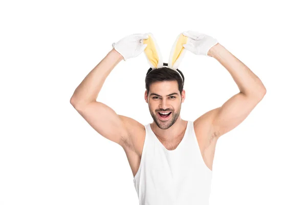 Hombre Sonriente Con Orejas Conejo Aislado Blanco Concepto Pascua —  Fotos de Stock