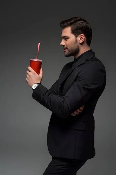 Profile Stylish Businessman Holding Disposable Cup Isolated Grey — Stock Photo, Image
